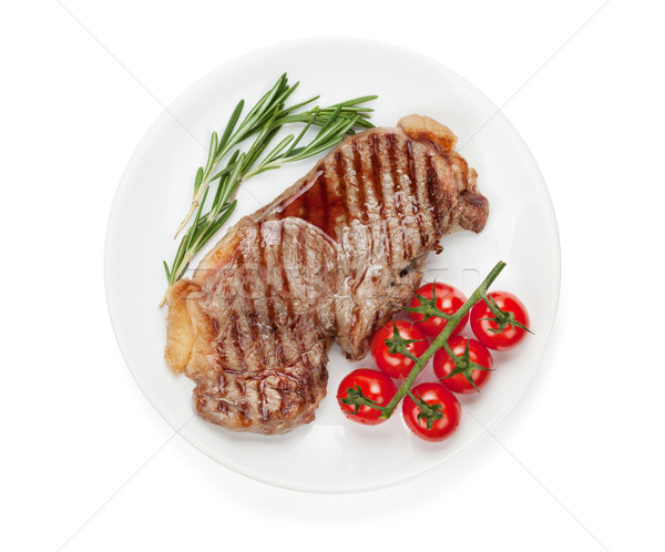 Stockfoto: Lendenen · biefstuk · rosmarijn · kerstomaatjes · plaat · geïsoleerd