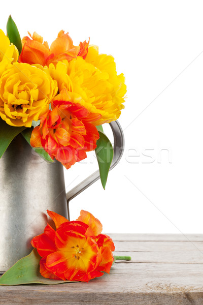 ストックフォト: カラフル · チューリップ · 花束 · じょうろ · 木製のテーブル · 孤立した