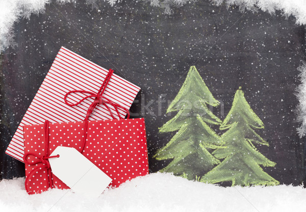 Stock photo: Christmas gift boxes and hand drawn xmas fir tree