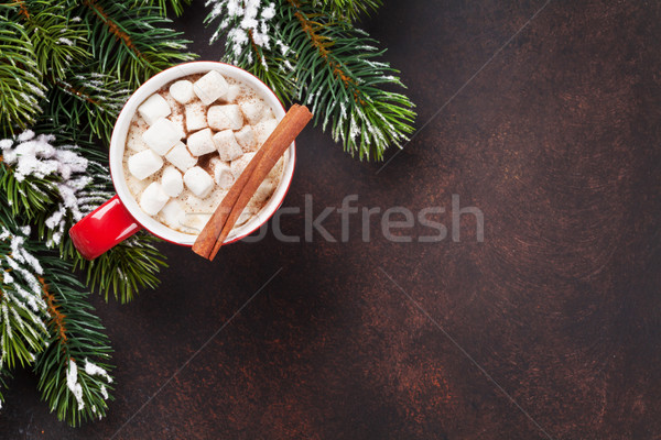 Stock fotó: Karácsony · forró · csokoládé · fenyőfa · mályvacukor · felső · kilátás