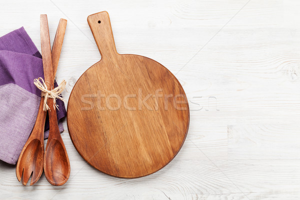 Vágódeszka fa asztal főzés háttér felső kilátás Stock fotó © karandaev