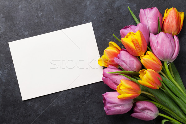 Fresh tulip flowers and greeting card Stock photo © karandaev