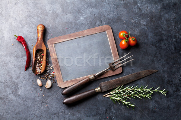 Foto stock: Quadro-negro · ervas · temperos · texto · topo