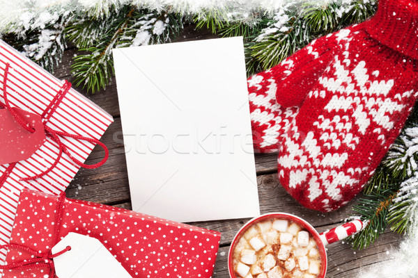 Christmas greeting card, tree, mittens and hot chocolate Stock photo © karandaev