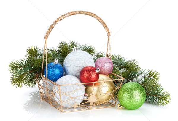 Stock photo: Colorful christmas baubles and fir tree