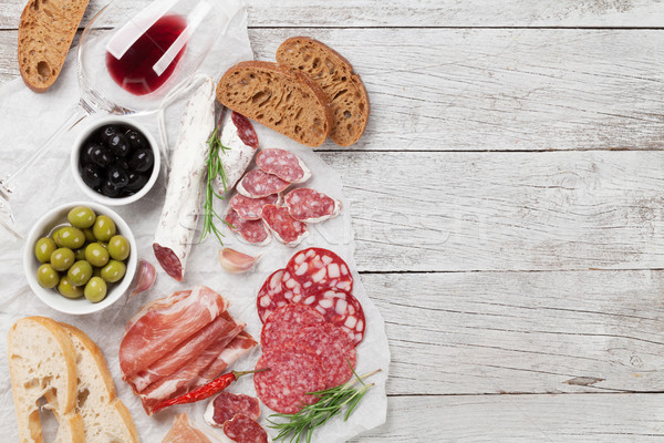 Salami, ham, sausage, prosciutto and wine Stock photo © karandaev