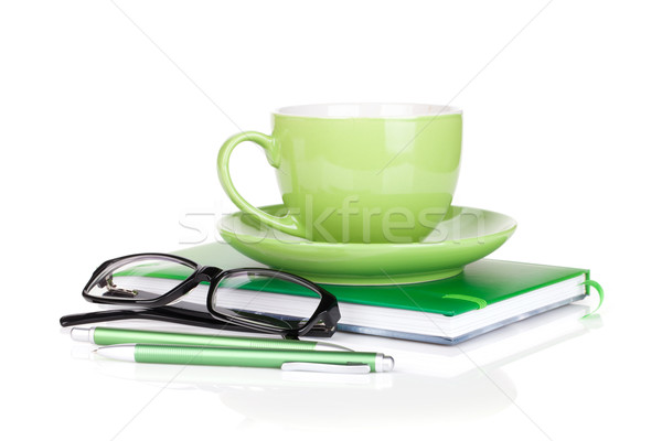 Grünen Kaffeetasse Gläser Bürobedarf isoliert weiß Stock foto © karandaev