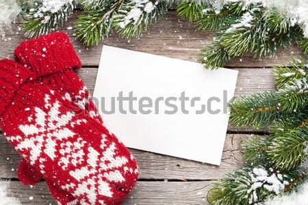 Foto stock: Navidad · tarjeta · de · felicitación · mitones · mesa · de · madera · superior