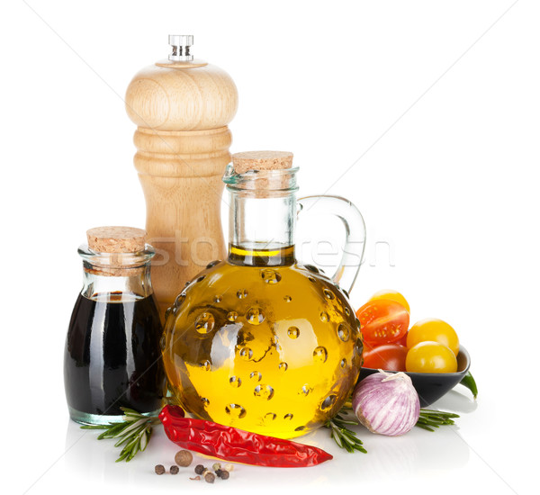橄欖油 醋 香料 孤立 白 玻璃 商業照片 © karandaev