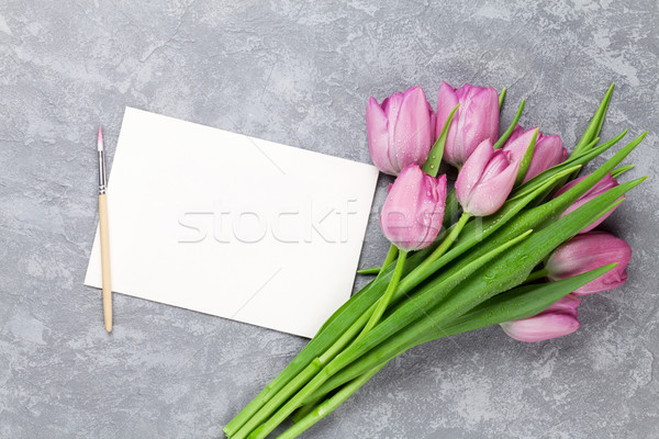 Fresh purple tulip flowers and greeting card Stock photo © karandaev