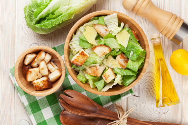 [[stock_photo]]: Fraîches · saine · salade · césar · cuisson · table · en · bois · haut