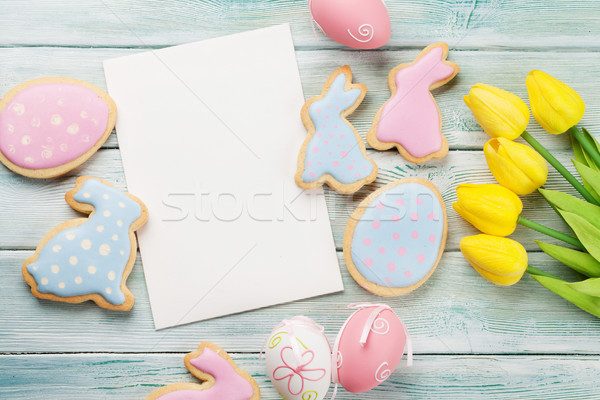 Pasqua pan di zenzero cookies biglietto d'auguri tavolo in legno uova Foto d'archivio © karandaev