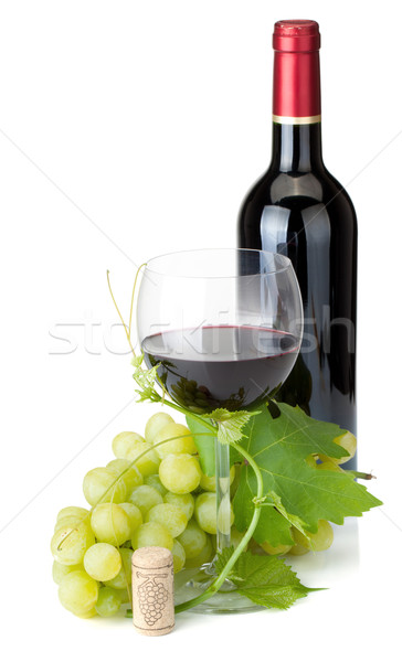 ストックフォト: 赤ワイン · ガラス · ボトル · ブドウ · 孤立した · 白