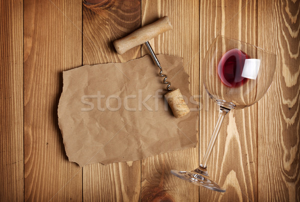 赤ワイン ガラス コークスクリュー 紙 注記 木製のテーブル ストックフォト © karandaev