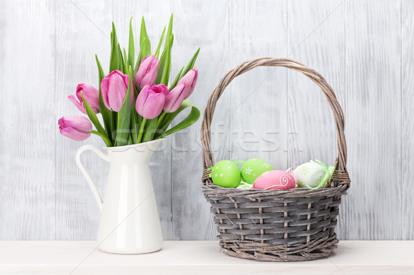 Stock fotó: Húsvéti · tojások · rózsaszín · tulipánok · virágcsokor · polc · fából · készült