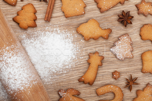 Rolling pin and gingerbread cookies Stock photo © karandaev