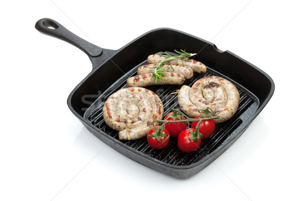 Grillezett kolbászok serpenyő izolált fehér étel Stock fotó © karandaev
