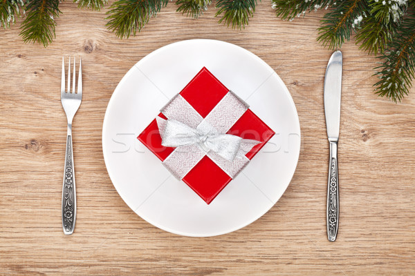 Stockfoto: Geschenkdoos · plaat · houten · tafel · boom · voedsel