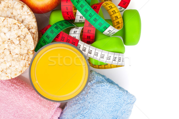 Stock photo: Dumbells, tape measure, healthy food and towels. Fitness and hea