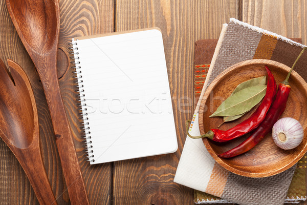 Wood kitchen utensils over wooden table Stock photo © karandaev