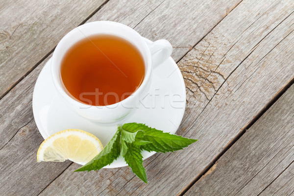 Thé vert citron menthe table en bois espace de copie eau [[stock_photo]] © karandaev