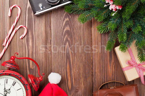 Weihnachten Kamera Wecker Ast Holztisch top Stock foto © karandaev