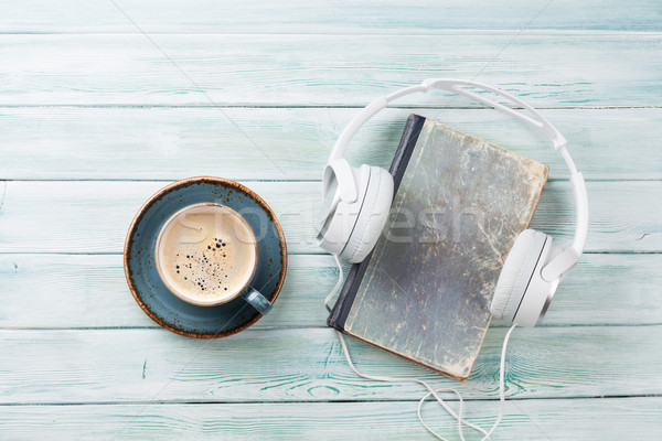 Audio book concept. Headphones, coffee and book Stock photo © karandaev
