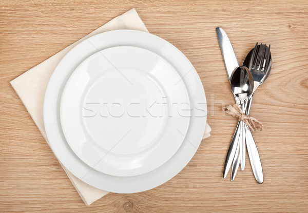 üres tányér ezüst étkészlet szett fa asztal étel Stock fotó © karandaev