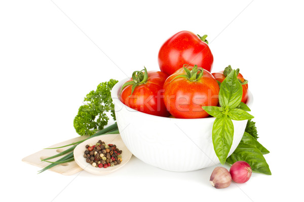 Dojrzały pomidory bazylia pietruszka cebula przyprawy Zdjęcia stock © karandaev