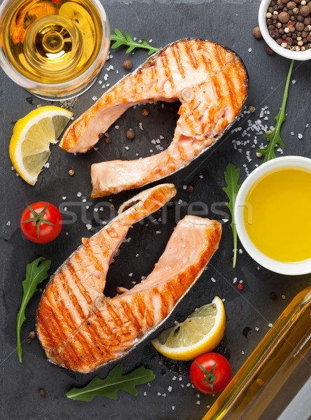 [[stock_photo]]: Grillés · saumon · vin · blanc · pierre · bord · haut