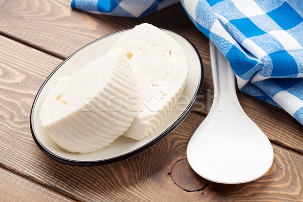 Foto stock: Caseiro · leite · queijo · mesa · de · madeira · madeira