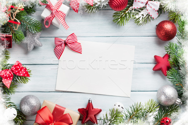 ストックフォト: クリスマス · グリーティングカード · 装飾 · 木製のテーブル · 先頭