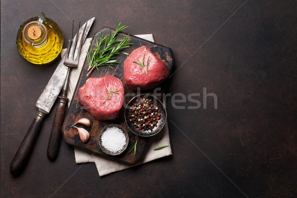 Nyers filé steak főzés kő asztal Stock fotó © karandaev