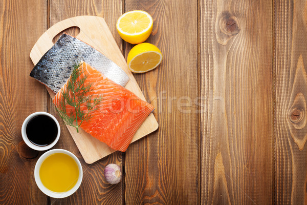 Lachs Gewürze Gewürze Holztisch top Ansicht Stock foto © karandaev