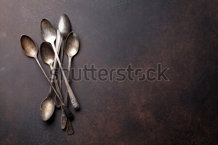 Foto stock: Velho · vintage · colheres · pedra · tabela · topo