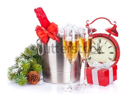 ストックフォト: クリスマス · シャンパン · 目覚まし時計 · バケット · ギフトボックス · 孤立した