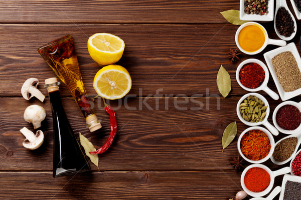 Különböző fűszer fűszerek fából készült copy space étel Stock fotó © karandaev