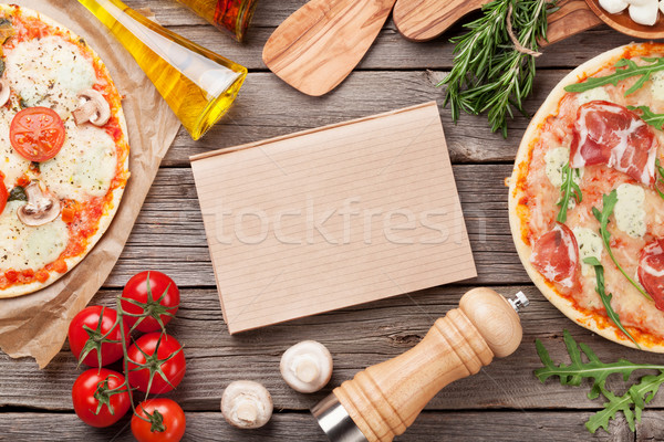 Stock fotó: Pizza · prosciutto · paradicsomok · mozzarella · gombák · fa · asztal