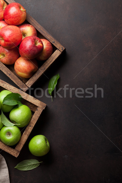 Stock photo: Green and red apples in wooden box