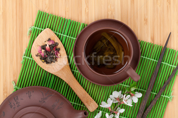 Сток-фото: Японский · зеленый · чай · сакура · филиала · бамбук · таблице