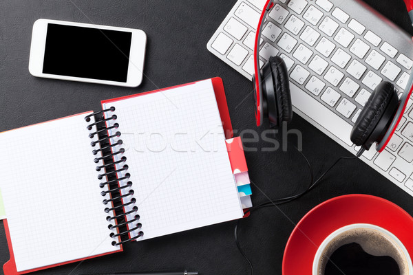 Foto stock: Oficina · cuero · escritorio · bloc · de · notas · taza · de · café