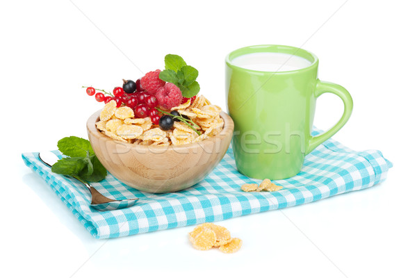 Stockfoto: Vers · cornflakes · bessen · melk · beker · geïsoleerd