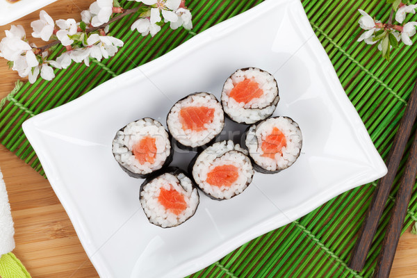 Stock photo: Sushi maki set and sakura branch