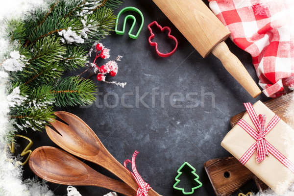 [[stock_photo]]: Noël · cuisson · ustensiles · neige · arbre · pierre