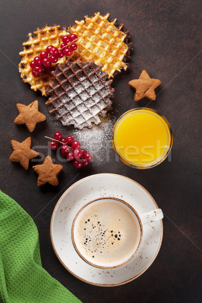 Coffee, juice and waffles with berries Stock photo © karandaev