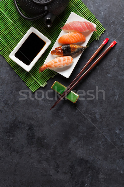 Stockfoto: Ingesteld · sushi · groene · thee · steen · tabel · top