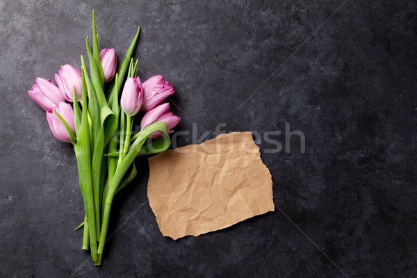 Fresh purple tulip flowers and paper for note Stock photo © karandaev