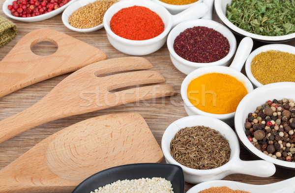Különböző fűszer fa asztal csoport piros szín Stock fotó © karandaev