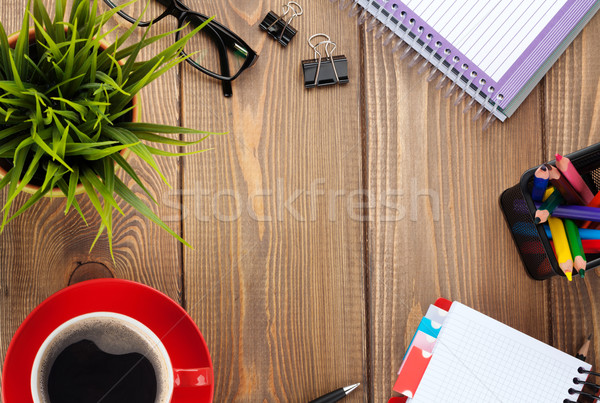 Escritório tabela flor bloco de notas xícara de café Foto stock © karandaev