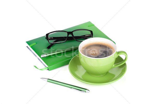 Grünen Kaffeetasse Gläser Bürobedarf isoliert weiß Stock foto © karandaev